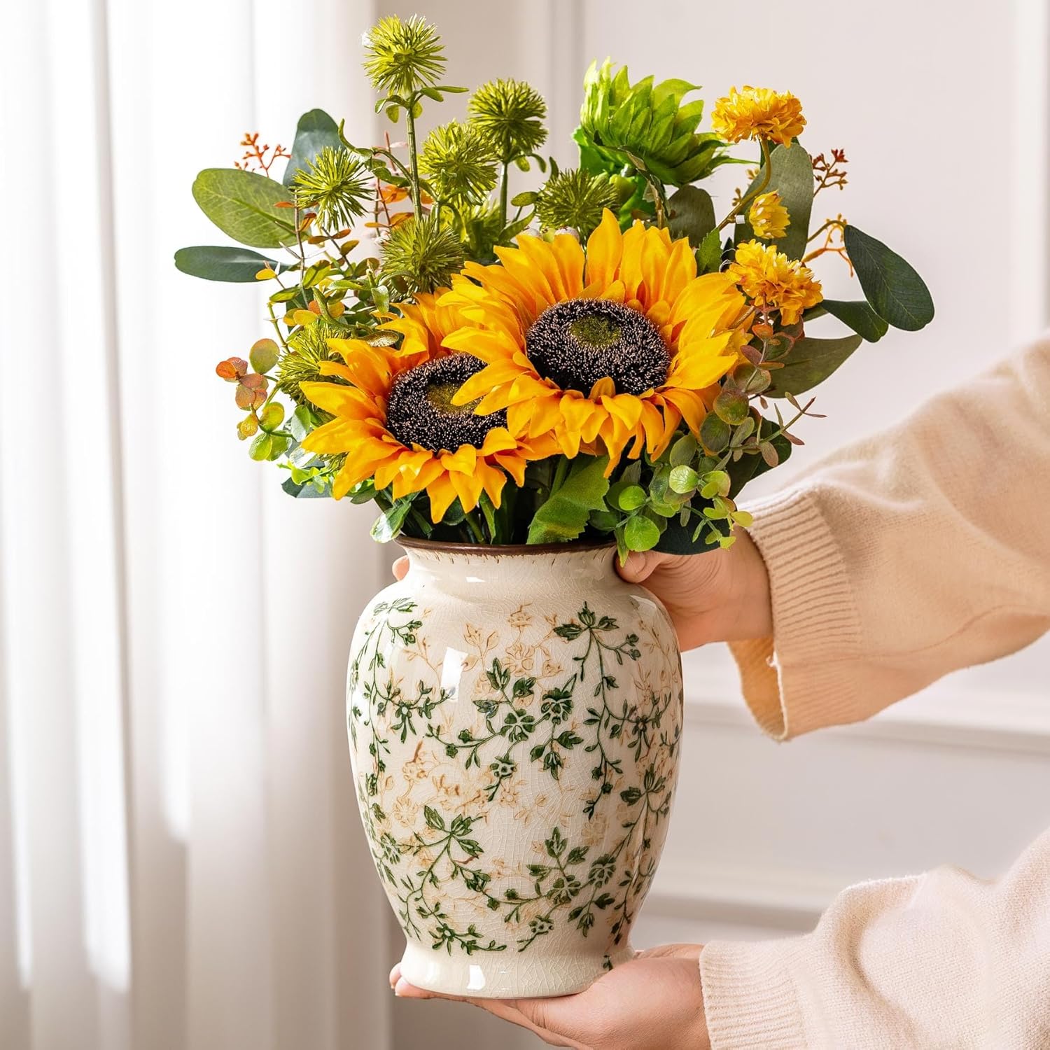 Vintage Green and Beige Vase, Round Ceramic Floral Vases, Retro Ice Cracked Chinoiserie Vase for Home Decor, Living Room, Bookshelf, Office, Grand Millennial Decor, Rustic Table Centerpiece 8 Inch-VerdiqueGarden