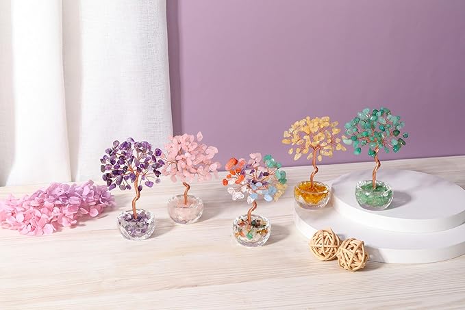 Jovivi Small 7 Chakra Crystals Tree, Natural Crystal Healing Stones Tree Glass Bowl Base Gemstone Money Trees Feng Shui Good Luck Home Desk Decor-VerdiqueGarden