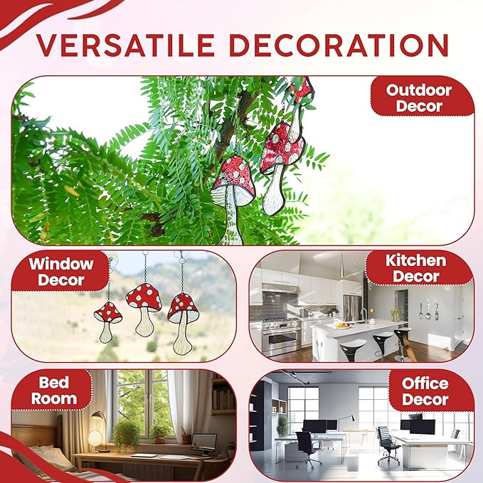 SENSORY4U Fly Agaric Hand-Painted Mushroom Stained Glass Suncatcher 3-Pack - Moon and Toadstool Window Hanging Ornaments - Nature-Inspired Home Décor for Plant and Mushroom Lovers-VerdiqueGarden