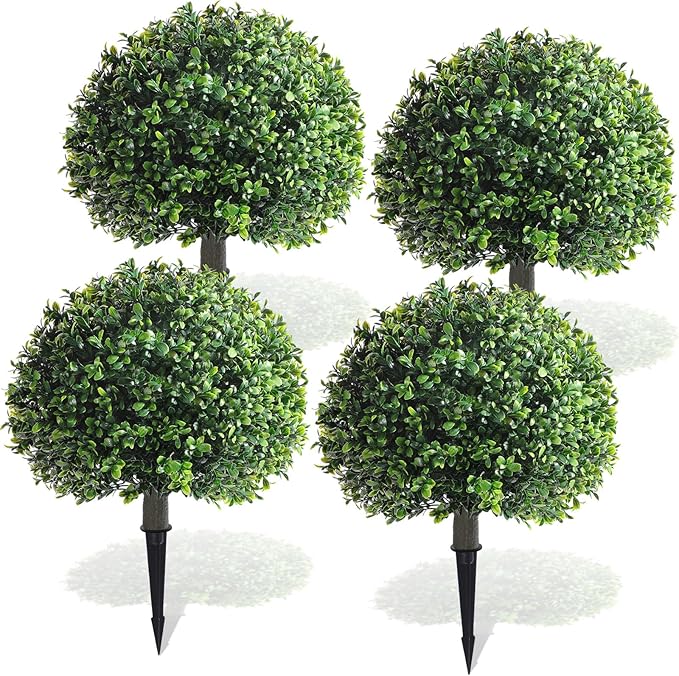 Yunlly 4 Pack 18" Artificial Boxwood Ball Bush Topiary Trees Fake Outdoor Plants, Realistic UV Resistance Faux Shrubs with Spike Greenery Topiary Potted for Front Porch Garden Yard Patio Indoor Decor-VerdiqueGarden