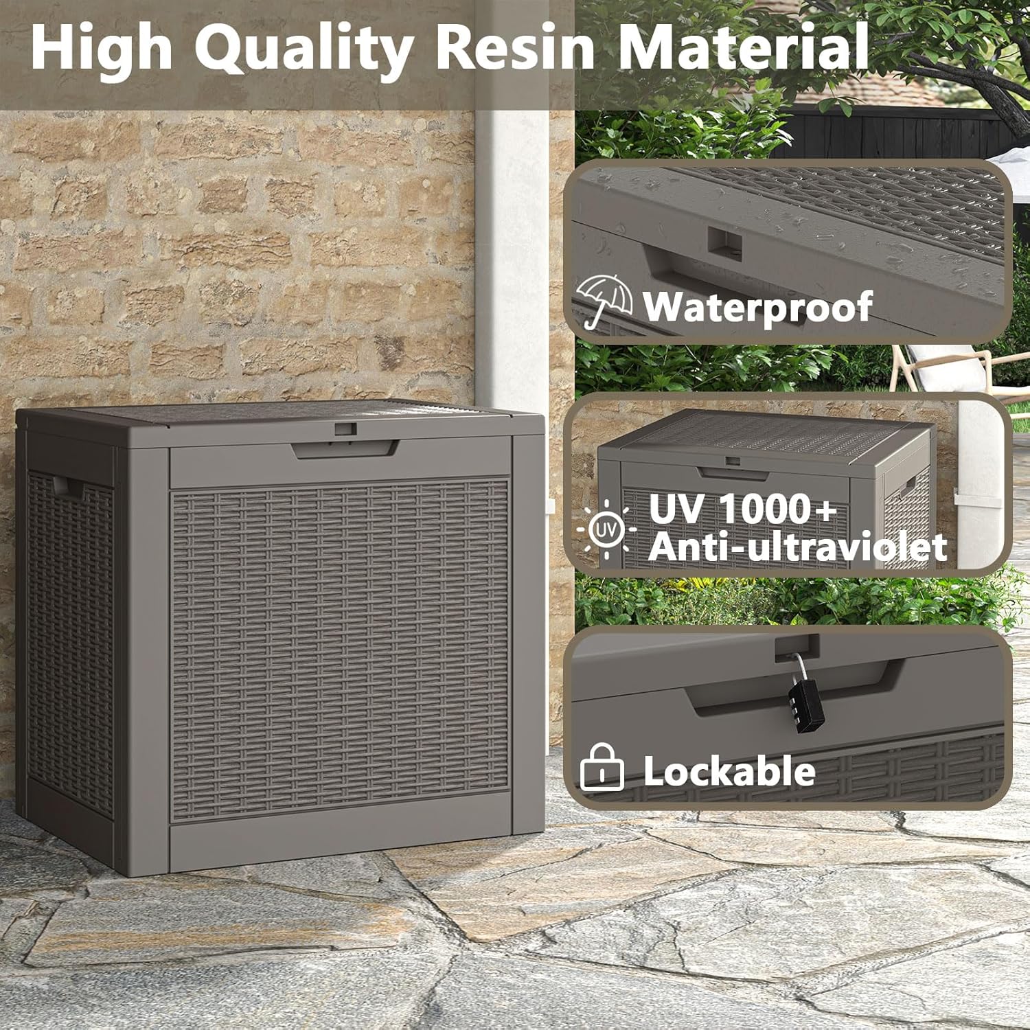 31 Gallon Deck Box, Resin Outdoor Storage Box, Waterproof and UV Resistant Deck Box, Lightweight Storage Box for Garden Tools, Pool Supplies-VerdiqueGarden