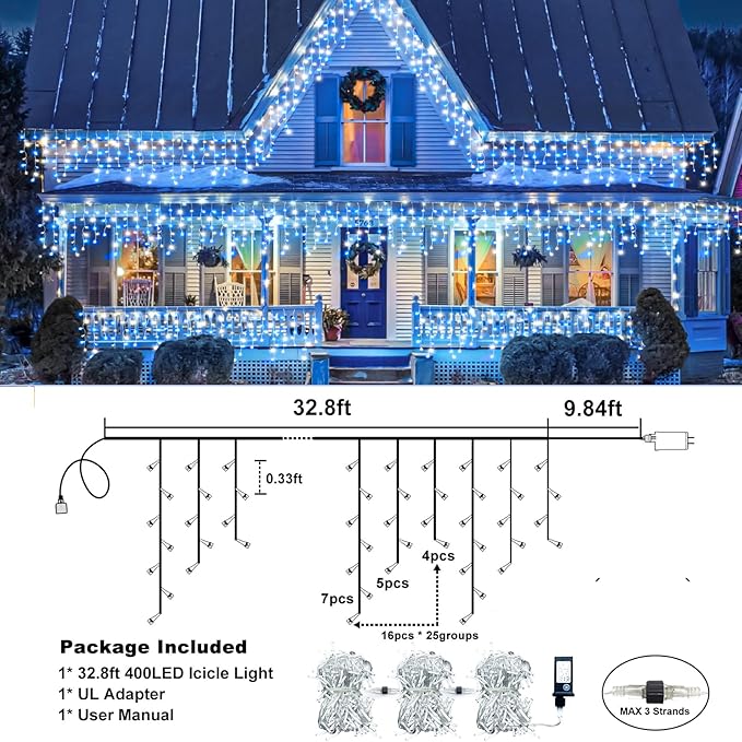 Icicle Lights for Outside, 33FT 400 LED Christmas Lights Outdoor with Waterproof 8 Modes, Plug in Connectable String Twinkle Light for Indoor Home Roof Window Garden Wedding Decorations, Blue White-VerdiqueGarden