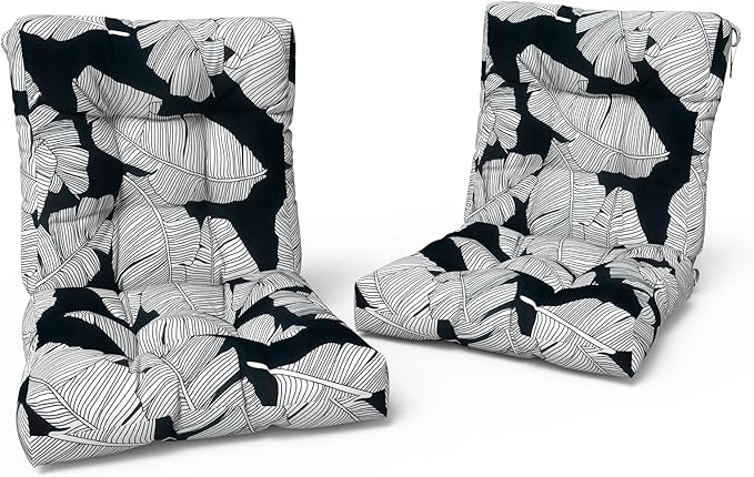 LVTXIII Outdoor Tufted Seat Cushions, Solid Seat and Back Chair Cushion with Ties, Patio Replacement Rocking Chair Cushion for Outdoor Furniture Use, 21 W x 21D, 2 Pack, Black Lush Leaf Jungle-VerdiqueGarden