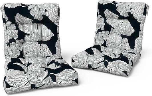 LVTXIII Outdoor Tufted Seat Cushions, Solid Seat and Back Chair Cushion with Ties, Patio Replacement Rocking Chair Cushion for Outdoor Furniture Use, 21 W x 21D, 2 Pack, Black Lush Leaf Jungle-VerdiqueGarden