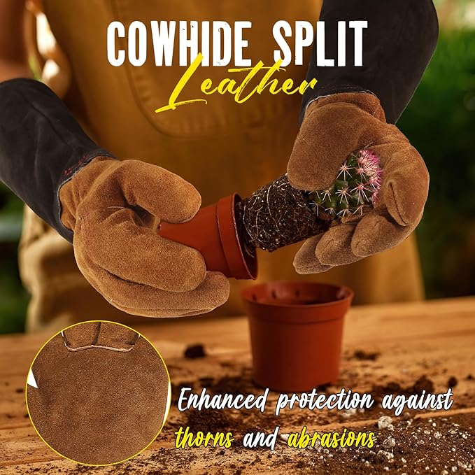 HANDLANDY Leather Gardening Gloves for Men & Women, Rose Pruning Thorn Proof Garden Glove, Long Sleeve Gauntlet Gloves (Black-brown, Large (Pack of 1))-VerdiqueGarden