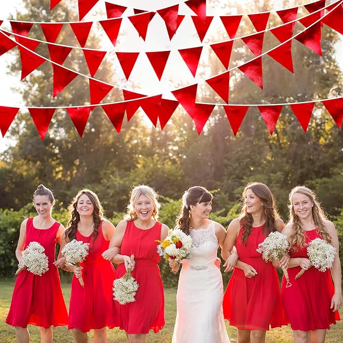 Red Party Decorations Triangle Pennant Banner Flag Dark Red Metallic Fabric Bunting Garland for Graduation Wedding Bridal Shower Birthday Anniversary Holiday Valentines Retirement Party Supplies-VerdiqueGarden