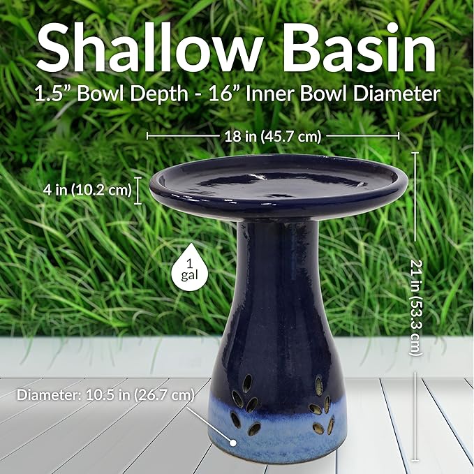 Sunnydaze 21" H Ceramic Bird Bath for Outside - Hand-Painted Outdoor Bird Bath Bowl, UV/Frost-Resistant Finish - Dark Blue - Cut Out Pedestal-VerdiqueGarden