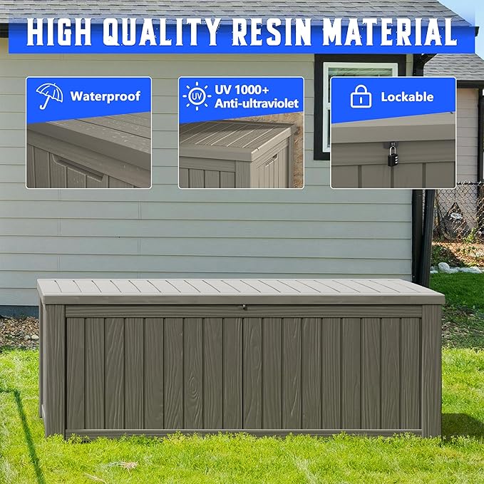 NUNU LAB 180 Gallon Outdoor Storage Box,Large Resin Sturdy Deck Box, Backyard Outside Storage Box Waterproof with Double Wall Panels,Package Delivery Garden Hose Storage Bin Outdoor Tool,Grey-VerdiqueGarden