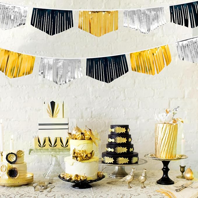 Black Silver Gold Tassel Banner Double Sided Metallic Fabric Pennant Bunting Flag Garland for Graduation Birthday Anniversary Bachelorette Engagement Wedding Bridal Shower Party Decorations Supplies-VerdiqueGarden