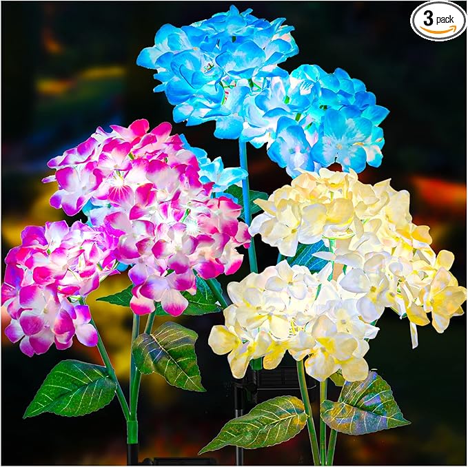 TONULAX Solar Garden Lights - 3 Pack Upgraded Version Outdoor Lights, Colorful Hydrangea Flower Light for Yard Decor, Garden Decoration, Two Lightning Modes & Enlarged Solar Panel-VerdiqueGarden