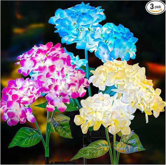 TONULAX Solar Garden Lights - 3 Pack Upgraded Version Outdoor Lights, Colorful Hydrangea Flower Light for Yard Decor, Garden Decoration, Two Lightning Modes & Enlarged Solar Panel-VerdiqueGarden