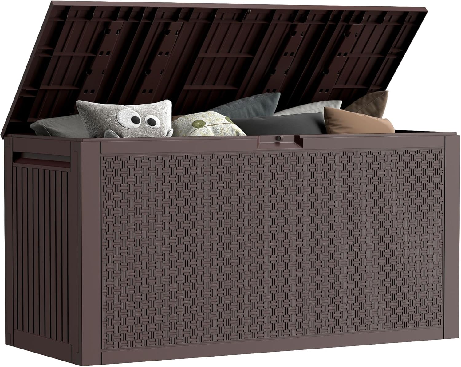90 Gallon Outdoor Storage Box, Lockable Package Outside Storage Box Waterproof, Patio Cushions Deck Storage Boxes, Rattan Plastic Garden Hose Containers Resin Pool Storage Bins with lids, Brown-VerdiqueGarden