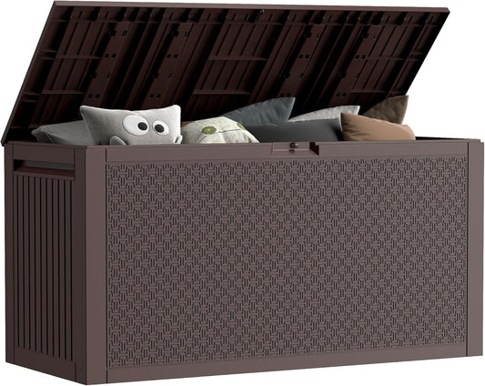 90 Gallon Outdoor Storage Box, Lockable Package Outside Storage Box Waterproof, Patio Cushions Deck Storage Boxes, Rattan Plastic Garden Hose Containers Resin Pool Storage Bins with lids, Brown-VerdiqueGarden