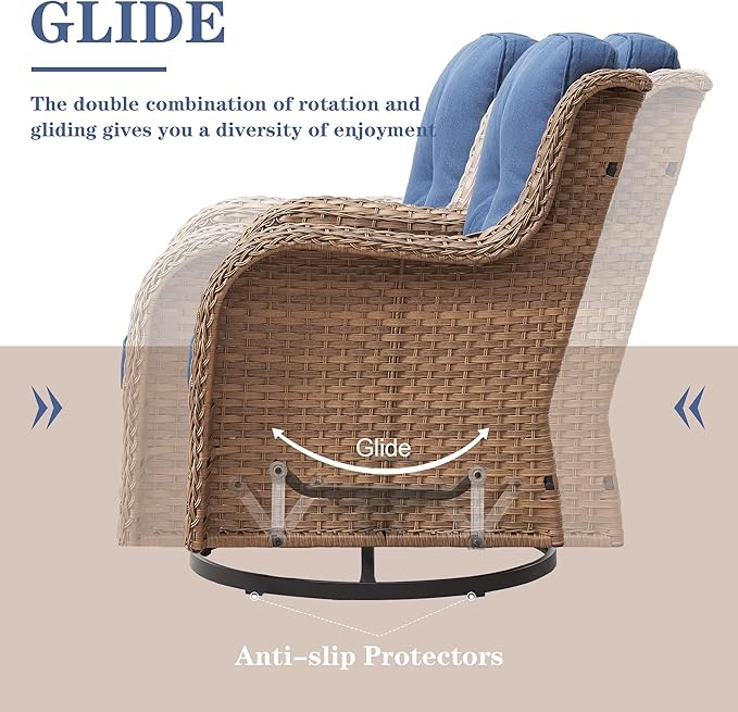 Wicker Outdoor Furniture Patio Furniture Set - 6 Piece Patio Conversation Set with Swivel Rocker Chairs, Loveseat Sofa, Ottomans and Coffee Table, Blue Cushion-VerdiqueGarden