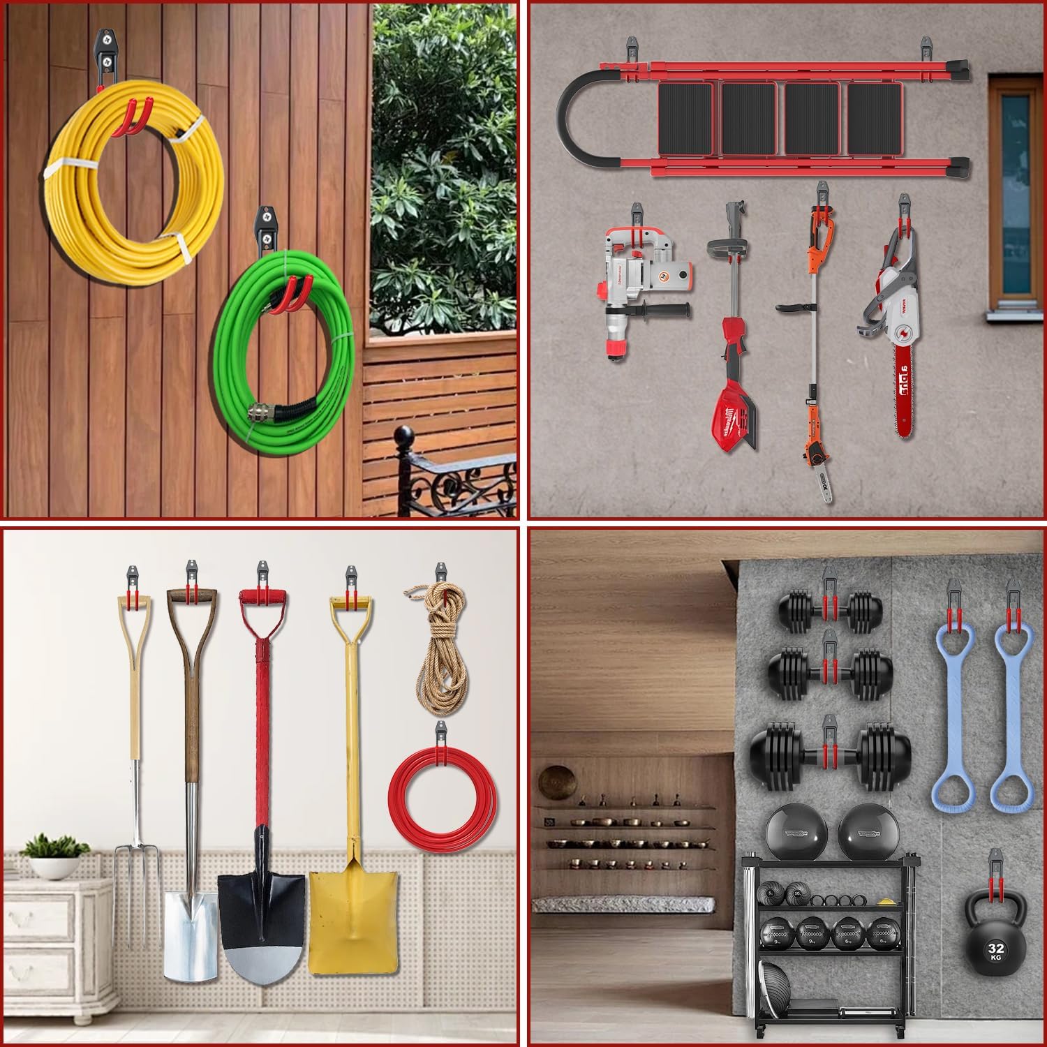 3-H Large Garden Hose Holder Wall Mount 4 Pack,Solid Steel Hose Hanger,Water Hose Holders for Outside,Perfect for Hanging Outdoor Air Hose,Ropes,Pipes,Garden Tools,Ladders,Bikes,Bulk Items(Red)-VerdiqueGarden