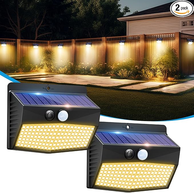 Solar Motion Sensor Outdoor Lights [138 LED/2 Packs] Solar Security Lights Outdoor with 3 Lighting Modes Solar Powered Lights Waterproof for Outside Wall Garden Fence Backyard Deck, Warm White-VerdiqueGarden