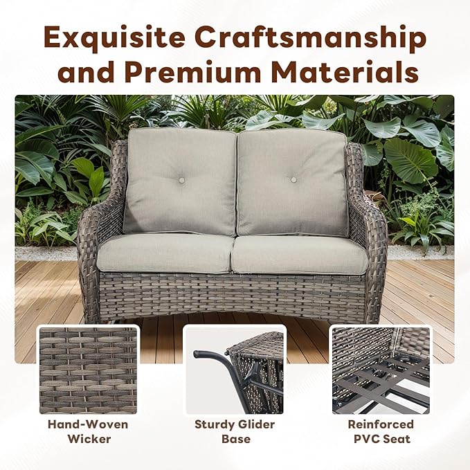 4 Piece Patio Furniture Set - Outdoor Glider Bench with Swivel Rocker Chairs and Coffee Table, High Back Small Outdoor Conversation Furniture Sets for Deck Sunroom Balcony Backyard-VerdiqueGarden