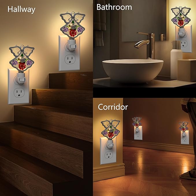 KY&BOSAM Night Light Mom Stained Glass Angel Night Lights Plug Into Wall with Real Flower in Glass and Metal Charm Night Light for Nursery Bedroom Bathroom Decorative Accent Lite Elegant Home Decor-VerdiqueGarden
