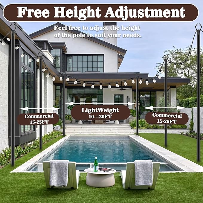 10Ft String Light Poles 6 Pack,Light Poles for Outside Lights,Outdoor with Fence Brackets Hanging Lights,Metal Stand Deck Patio Backyard-VerdiqueGarden