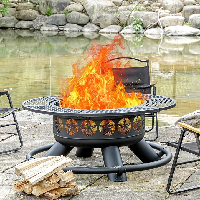 47 Inch Outdoor Fire Pit with 2 Grills, Extra Large BBQ Firepits for Outside, Metal Round Fire pits with Lid&Fire Poker,3 in 1 Wood Burning Outdoor Fireplaces for Backyard,Patio,Bonfire-VerdiqueGarden
