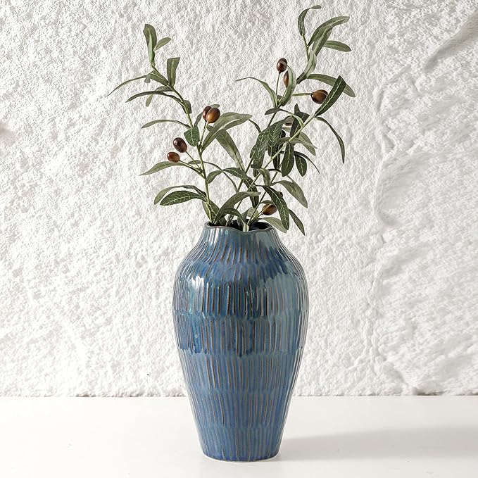 Blue Ceramic Vase for Home Decor,11.6 Inch Flower Vase，Decorative Vases for Pampas Grass，Modern Art Texture Vases for Home Entryway Living Room Dining Table Farmhouse Office Decor-Blue-VerdiqueGarden