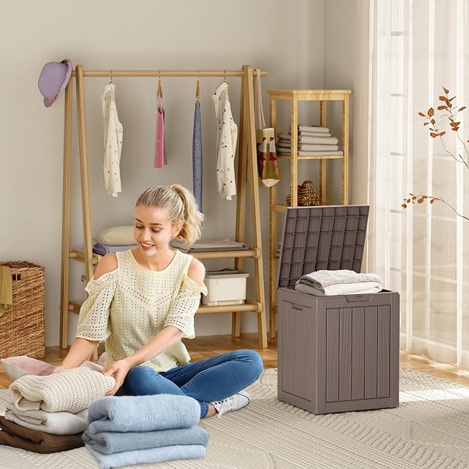 28 Gallon Resin Deck Box, Lockable Patio Outdoor Storage Box for Furniture, Garden Tools and Tools Storage, Waterproof Outside Storage Boxes - Grey-VerdiqueGarden