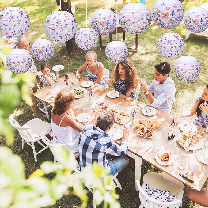 Riakrum 12 Pcs Wildflower Paper Lantern Set Floral Party Decorations Flower Paper Round Lanterns Wildflower Lantern Kit for Spring Baby Shower Bridal Shower Wedding Birthday Tea Party Supplies-VerdiqueGarden