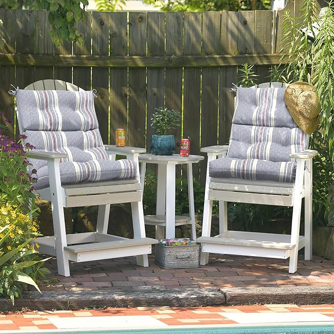 LVTXIII Outdoor Tufted High Back Cushions Set of 2 Patio Seasonal Replacement Rocking Chair Cushion with Ties, Solid Seat and Back Chair Cushion, (44” L x 22W”, Stripe Denim Blue)-VerdiqueGarden