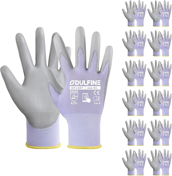 DULFINE Work Gloves for Men PU Coated 12 Pairs Bulk Pack,Purple Seamless Knit Glove with thin Polyurethane,Two Finger Touchscreen, for Men and Women, Ideal for Light Duty Work. (Small)-VerdiqueGarden