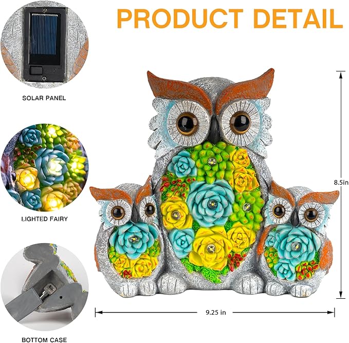 Solar Garden Statue Lights Owl Figurine with LED Lights, Outdoor Garden Succulent Ornaments Waterproof Decoration for Outside Patio Yard Lawn Decor-VerdiqueGarden