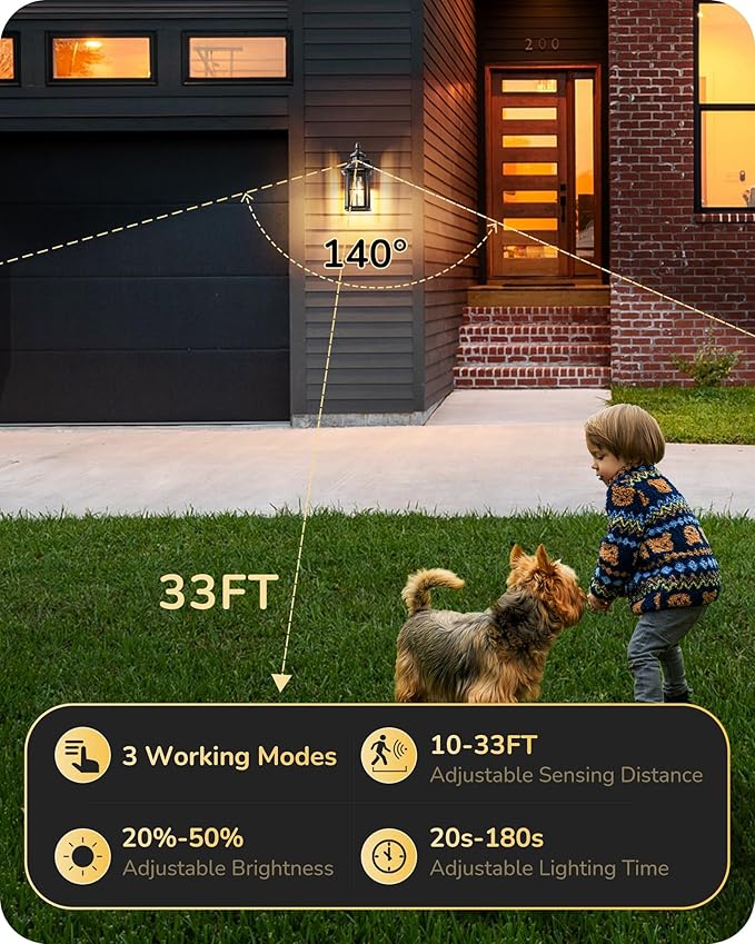 EDISHINE 2 Pack Motion Sensor Outdoor Wall Lights, Dusk to Dawn Exterior Lighting Fixture, Modern Porch Light Wall Mount, Clear Water Glass, Anti-Rust Aluminum for Front Door Garage, Patio, Black-VerdiqueGarden