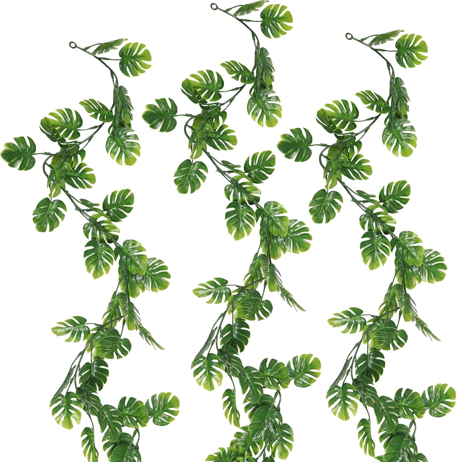 RECUTMS Artificial Palm Leaves Vines 3Pcs, 5.9FT Outdoor Fake Hanging Plant Ivy Faux Tropical Monstera Leaf Garland Greenery for Garden Porch Patio Jungle Luau Beach Birthday Party Indoor Summer Décor-VerdiqueGarden