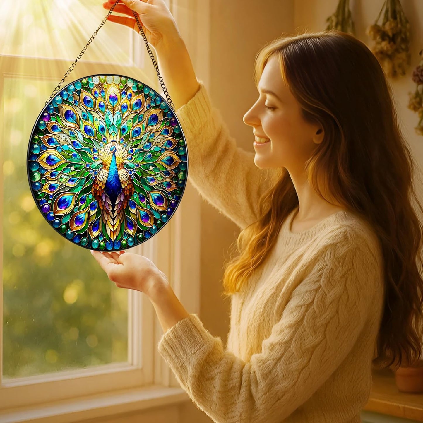 Stained Glass Window Hanging, LAOWEIKI 8'' Peacock Suncatcher, Stained Glass Ornament, Suncatchers for Windows Hanging, Window Decor, Outdoor or Indoor, Gifts for Women, Lovers, Couple, Friend, Bestie-VerdiqueGarden
