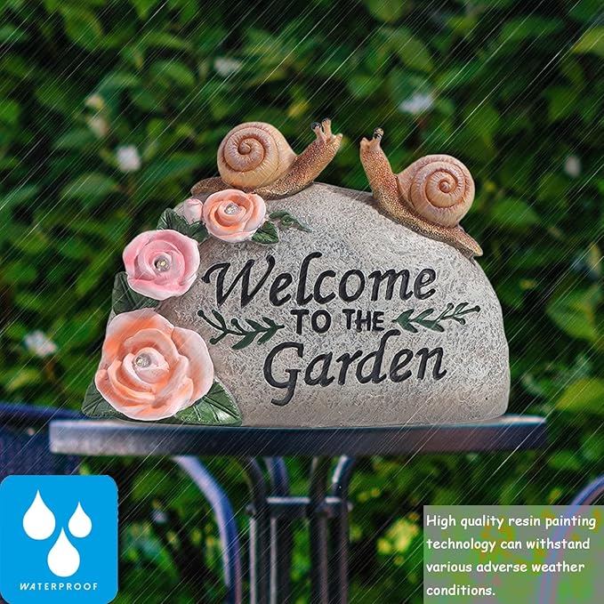 Snail Garden Statue Outdoor Decor Art Solar LED Light Welcome Sign Sculpture Auspicious Snail Resin Figurine Yard Porch Patio Lawn Decorations Housewarming Gifts for Mom Grandma Women-VerdiqueGarden