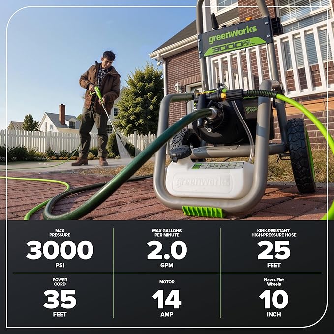 Greenworks Pro Brushless 3000 PSI (CSA Certified) 2.0 GPM Max / 1.1 GPM Electric Pressure Washer (Foldable Handles, Rugged Steel Frame, 25 FT Hose, 35 FT GFCI Power Cord)-VerdiqueGarden