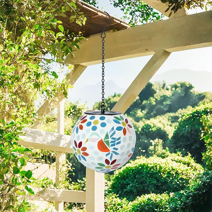 VCUTEKA Solar Chandelier Outdoor, Hanging Mosaic SolarLights with Hook Up, Solar Garden Lantern Decor for Yard, Deck and Patio, White-VerdiqueGarden