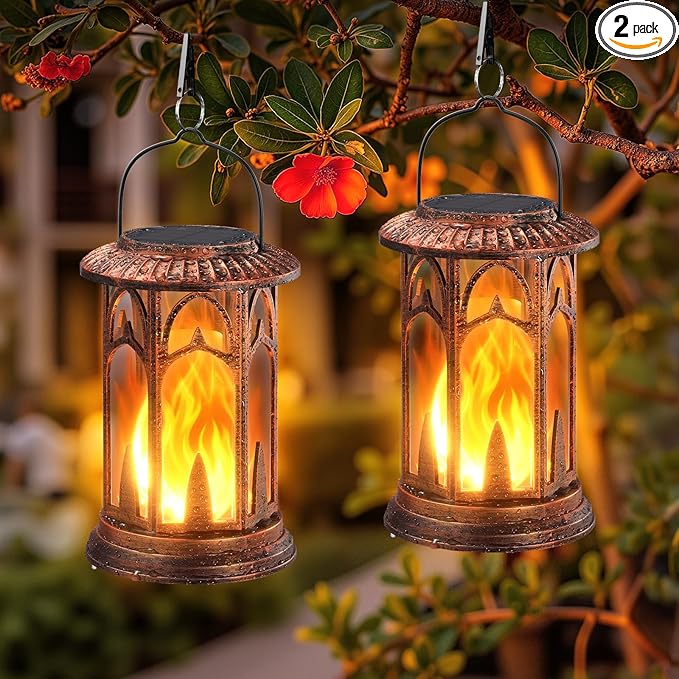 KOOPER Taller Solar Lanterns Outdoor Waterproof Hanging Solar Lantern Lights, 2Pack Upgraded Flickering Flame Lanterns Decorative Outdoor, Battery & Solar Powered lantern for Garden Yard Decor, Bronze-VerdiqueGarden