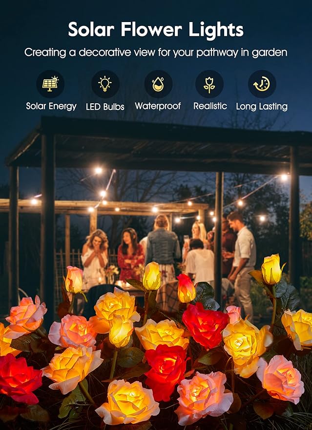 Garden 4 Pack LED Solar Flower Lights with Larger & More Realistic Rose Flowers, Bigger Solar Panel, Waterproof Solar Outdoor Lights for Yard Patio Lawn Pathway Walkway Decoration-VerdiqueGarden
