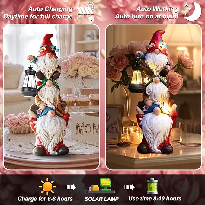 Garden Gnome Statue with Solar Lights Large Garden Sculptures Funny Triple Gnome Outdoor Patio Lawn Yard Balcony Garden Home Decor Gifts for Women Mom 12 in Spring Summer Gnomes Outdoor-VerdiqueGarden