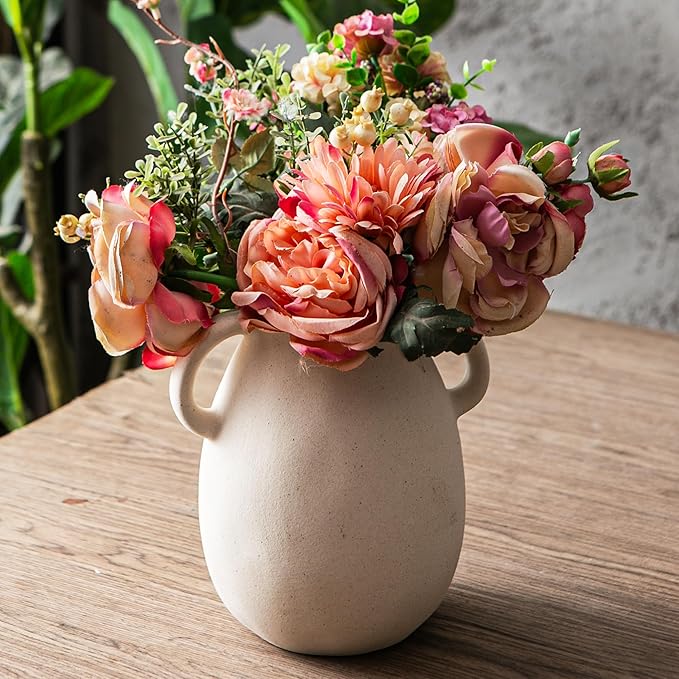 Kimdio White Ceramic Vase with 2 Handles – Sand-Glazed Clay Pottery Vase for Dried Flowers, Rustic Modern Table Decor, Farmhouse Boho Shelf Decoration-VerdiqueGarden