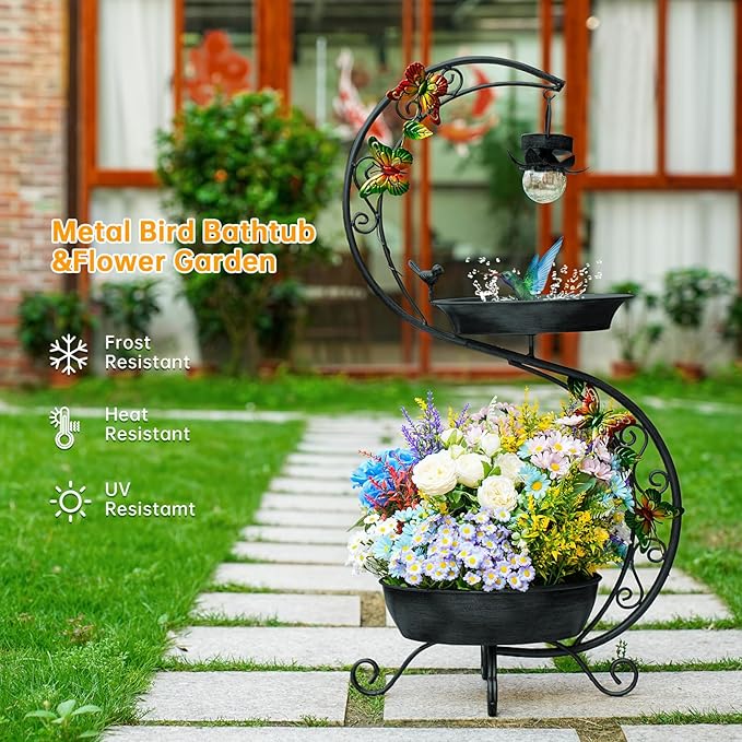 Bird Bath for Outside with Solar Lamp, 36" Birdbaths for Outdoors with Planter Flower Pot, Metal Bird Bath Bowl for Garden Yard Decor (All Black)-VerdiqueGarden