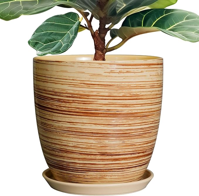 12 Inch Planter Pot Ceramic Plant Pots for Plants with Drainage Hole and Saucer Large Flower Pot for Home Patio Garden Office Yellow-VerdiqueGarden