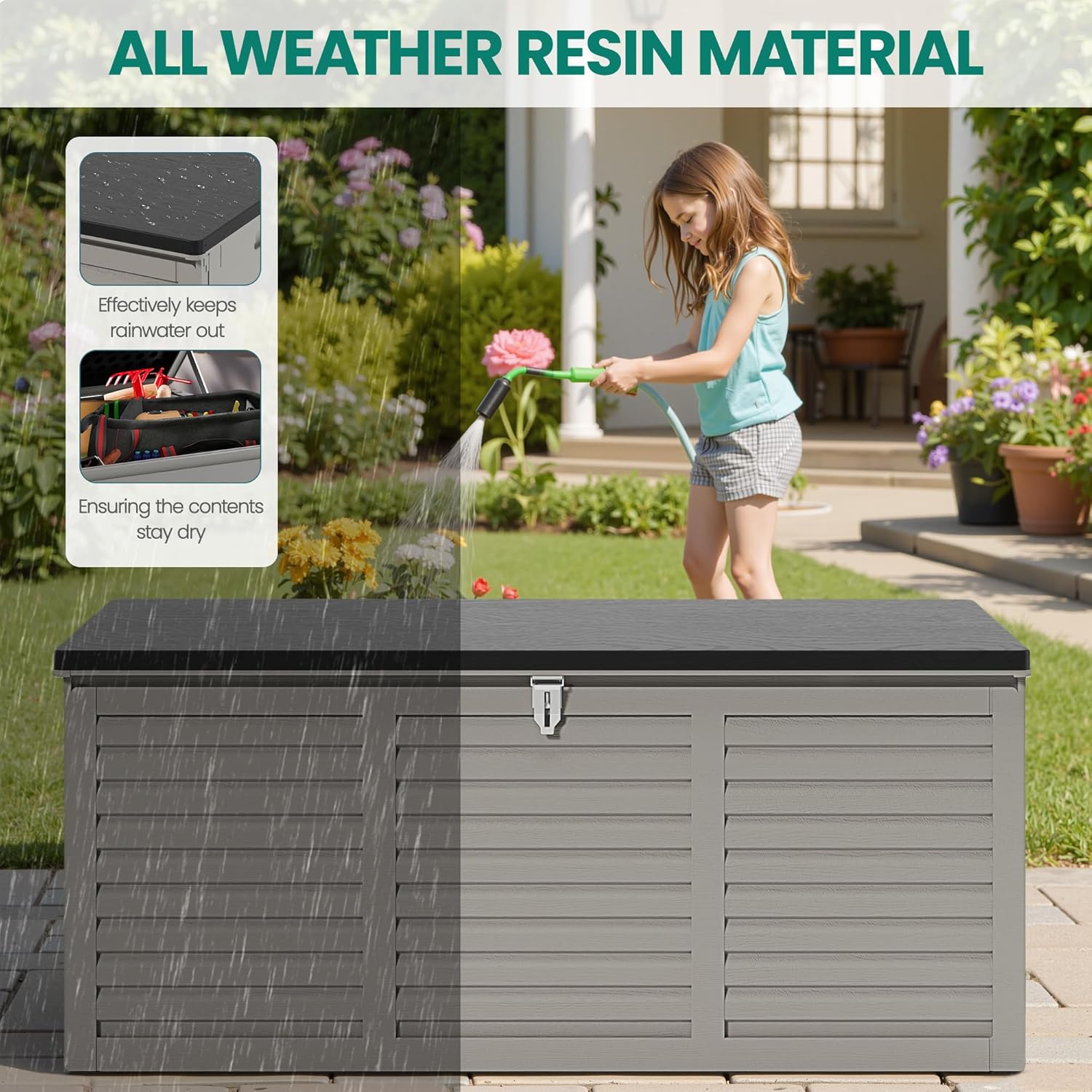 130 Gallon Outdoor Deck Box, Waterproof Resin Box with Lockable Lid, UV-Resistant for Cushions, Garden Tools & Pool Accessories (GRAY), Patio Furniture-VerdiqueGarden