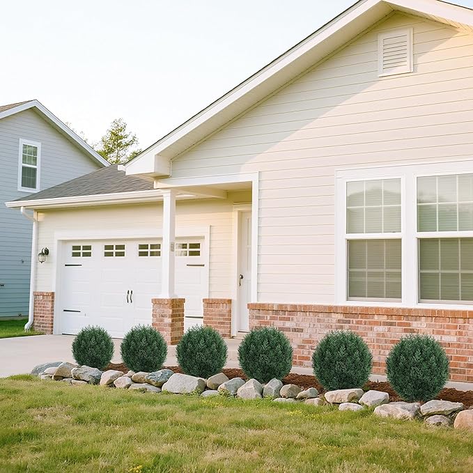 Artificial Cedar Topiary Ball Trees with Ground Spike, 24.6 inche Tall UV-Resistant Fake Outdoor Plants Evergreen Shrubs, Realistic Faux Pine Bushes for Front Porch Home Patio Garden, Set of 4-VerdiqueGarden