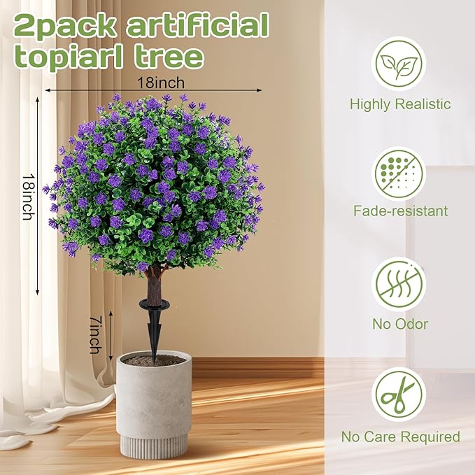 Artificial Purple flower Topiary Ball Tree 25" with Ground Spike, Set of 2 Artificial Boxwood Bushes for Faux Shrubs, Fake Evergreen Faux Plant for Indoor Outdoor Garden -UV Resistant–Fade-Proof-VerdiqueGarden