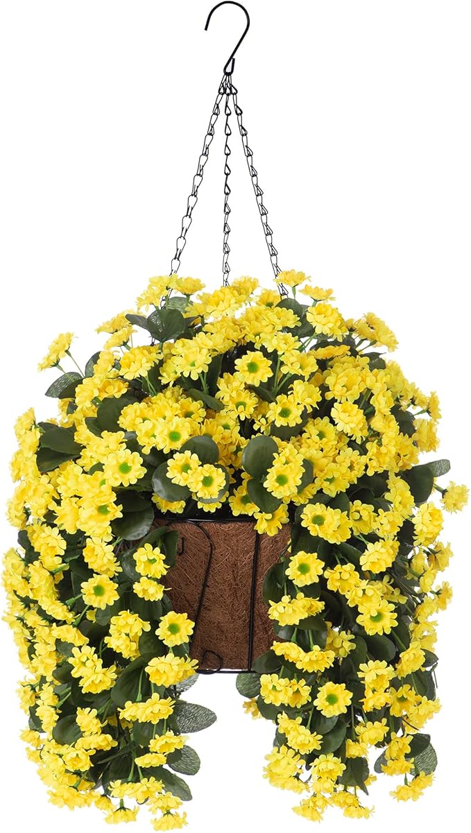 NXUGAO Artificial Flowers with Hanging Basket for Outdoors Indoors Decor, Faux Silk Chrysanthemum Plants in Baskets for Home Decoration Garden Yard Patio, 4 Bundles with 1 Basket-VerdiqueGarden