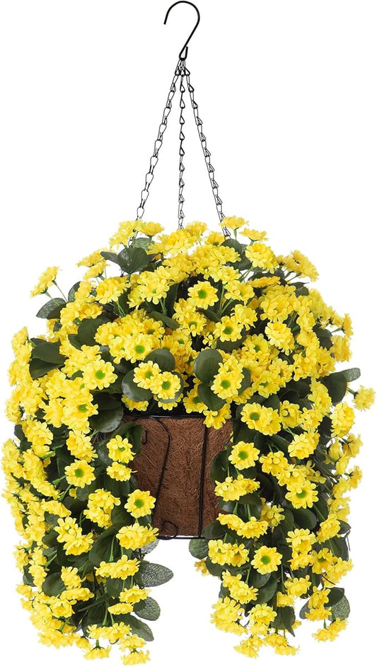 NXUGAO Artificial Flowers with Hanging Basket for Outdoors Indoors Decor, Faux Silk Chrysanthemum Plants in Baskets for Home Decoration Garden Yard Patio, 4 Bundles with 1 Basket-VerdiqueGarden