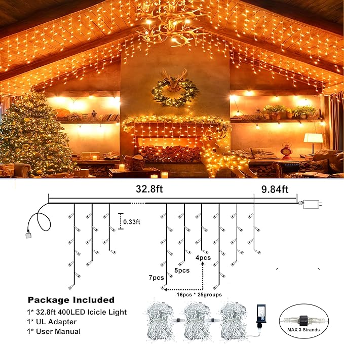 Icicle Lights for Outside, 33FT 400 LED Christmas Lights with 8 Modes Waterproof, Plug in Connectable Curtain Hanging Lights for Outdoor Indoor House Roof Party Wedding, Orange-VerdiqueGarden