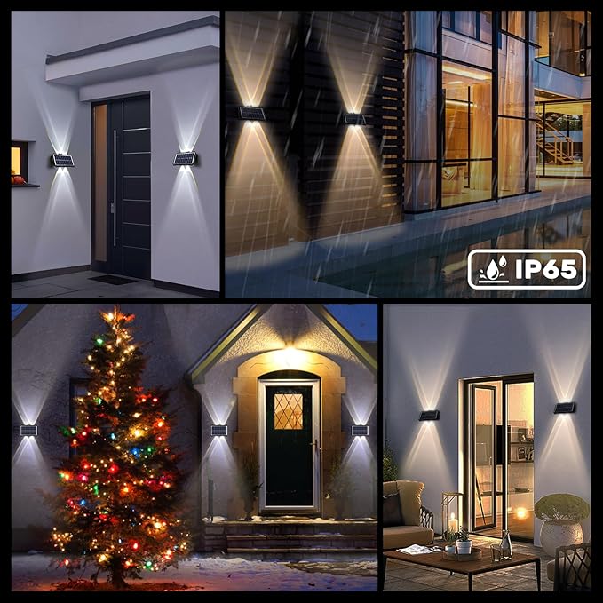 4LED Solar Wall Lights, Up and Down Lighting Solar Light Outdoor Waterproof IP65, 6500K/3000K Solar Fence Light for Yard Garden Garage Christmas Decorations (4 Pack)-VerdiqueGarden