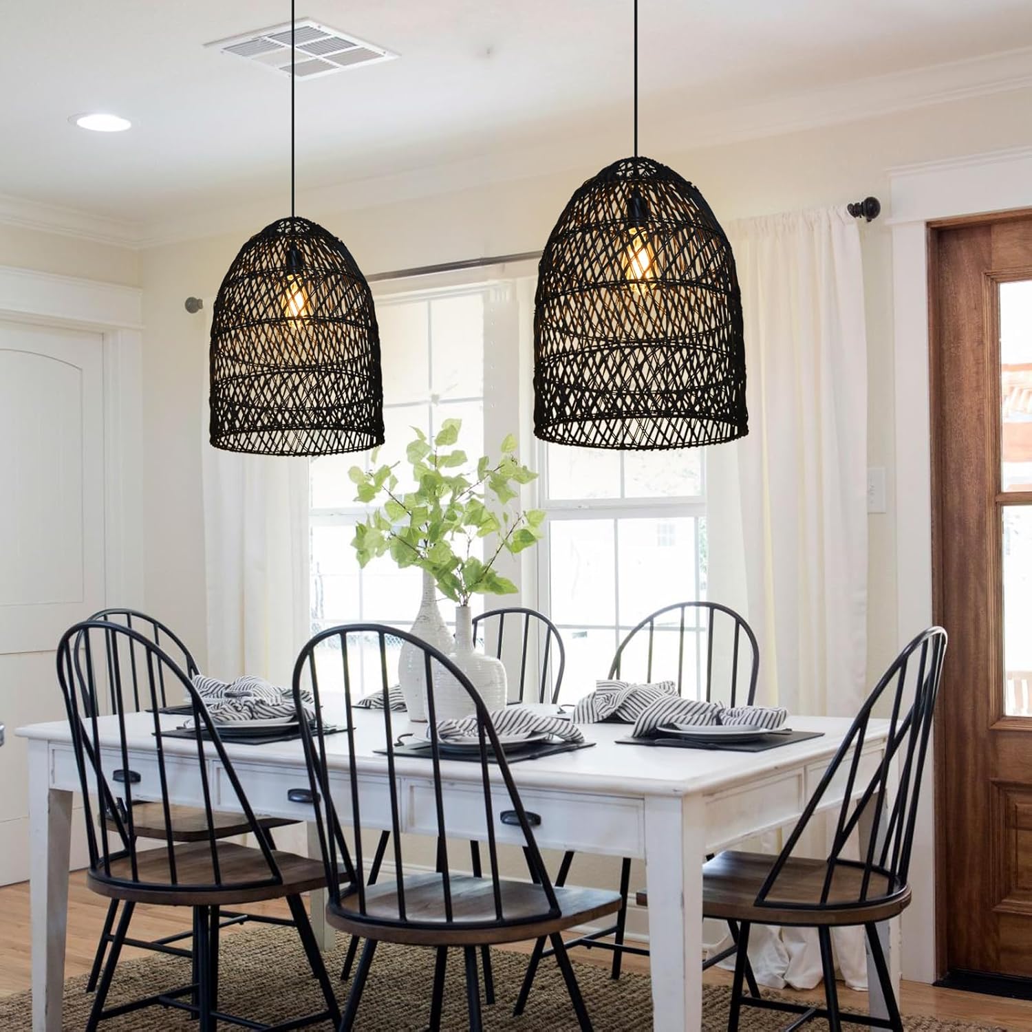 Arturesthome 1 Light Rustic Rattan Basket Pendant Light Boho Wicker Chandelier Coastal Handmade Crafts Lampshade, Farmhouse Hanging Ceiling Lighting for Dining Kitchen Island Black 13.75in*19.68in-VerdiqueGarden